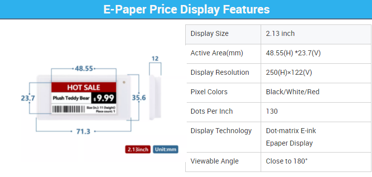 Technical specifications diagram for a 2.13 inch E-Paper display