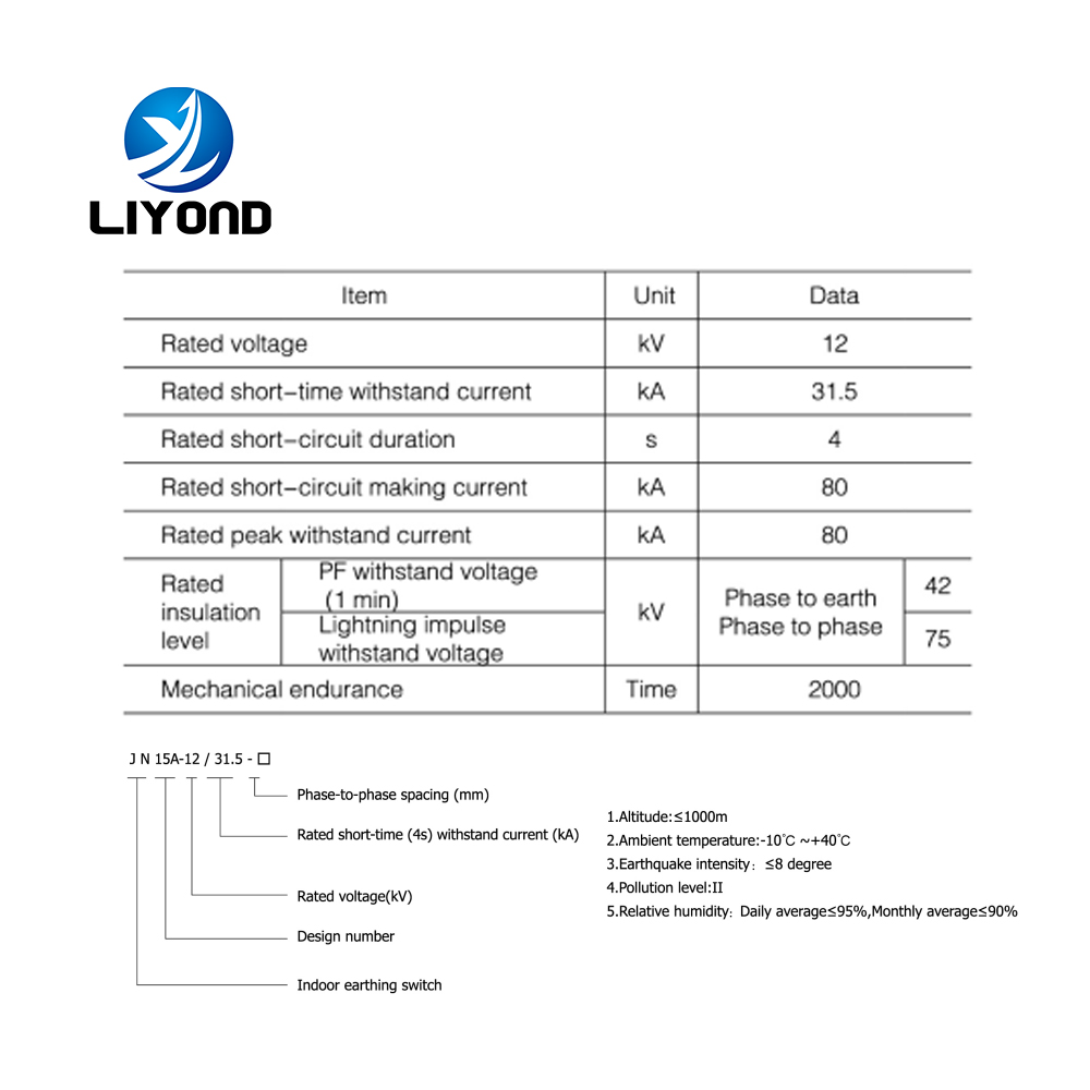 Technical specification chart for JN15A-12/31.5 high voltage earthing switch