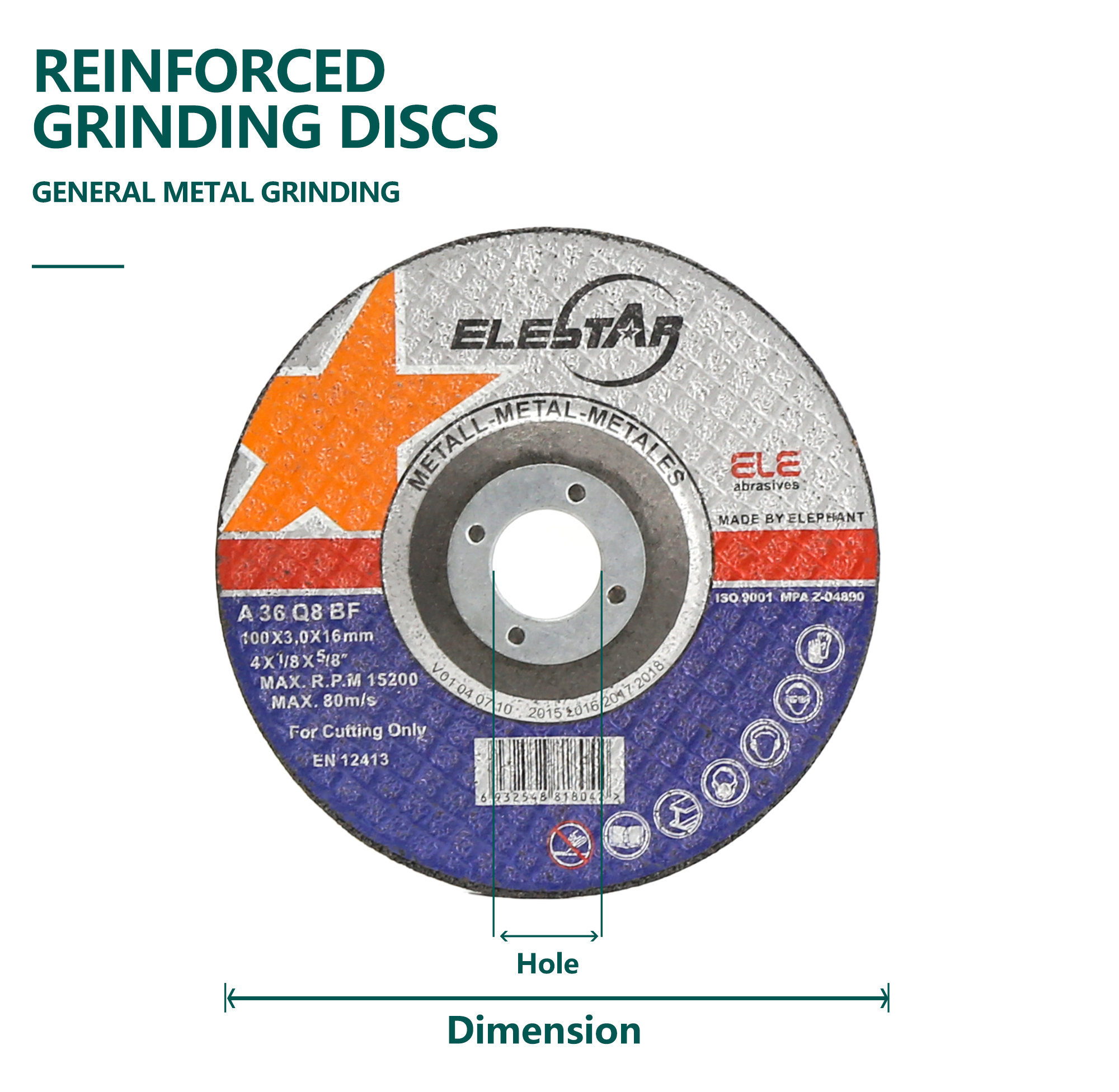 Reinforced grinding disc showing technical specifications and safety standards