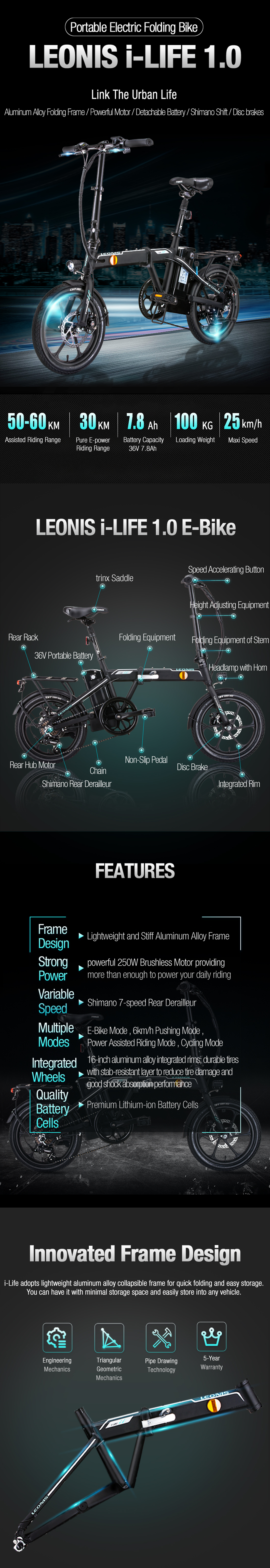 Folding electric bicycle features infographic