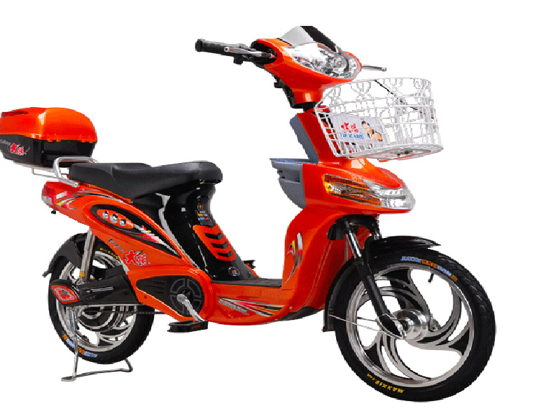 Orange Electric City Bicycle with Basket and Storage