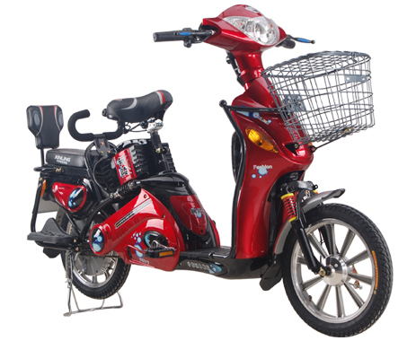 Red Electric Step-Through Motorcycle with Basket