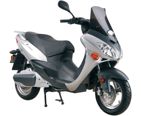 Silver and Black Step-Through Electric Scooter with Windscreen and Luggage Rack