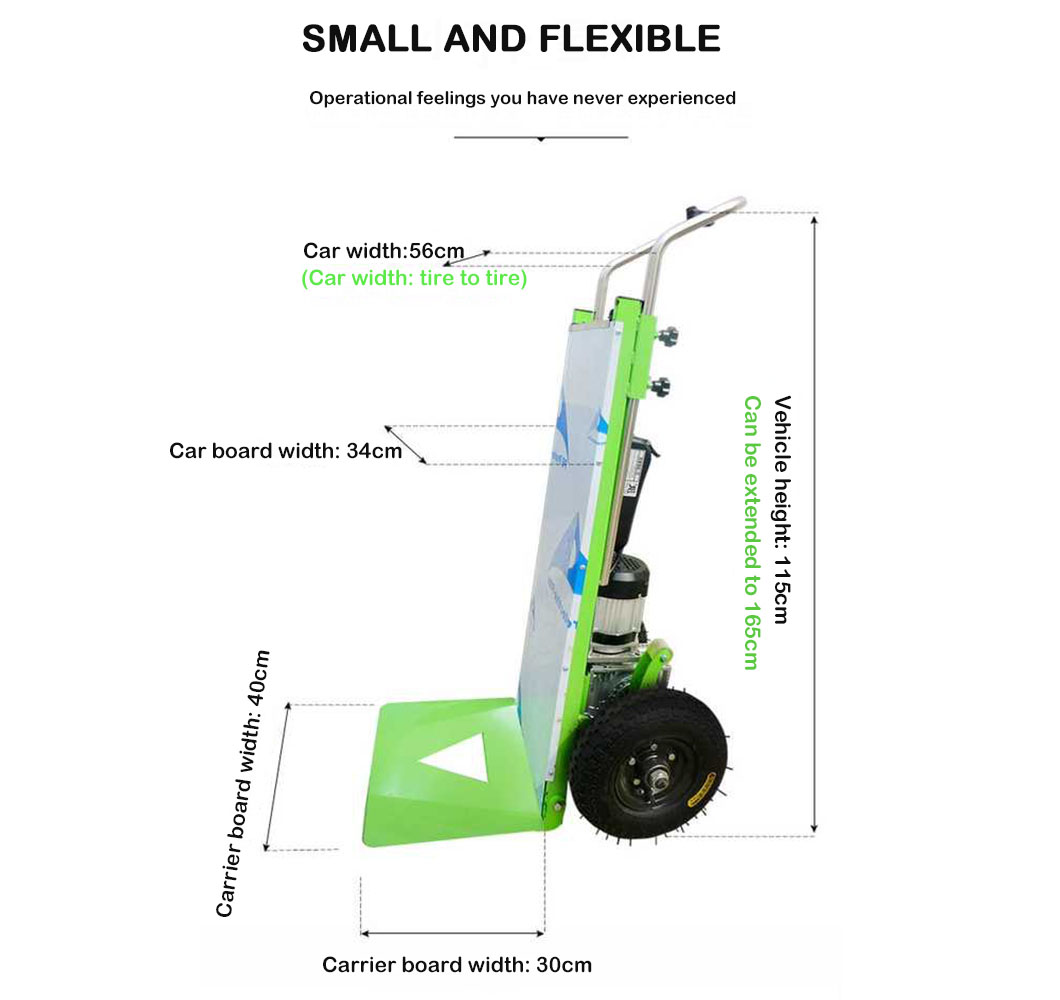 Diagram showing the dimensions of the electric climbing trolley