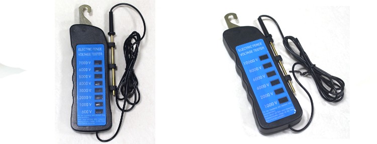 Electric fence tester showing LED voltage indicators and probe