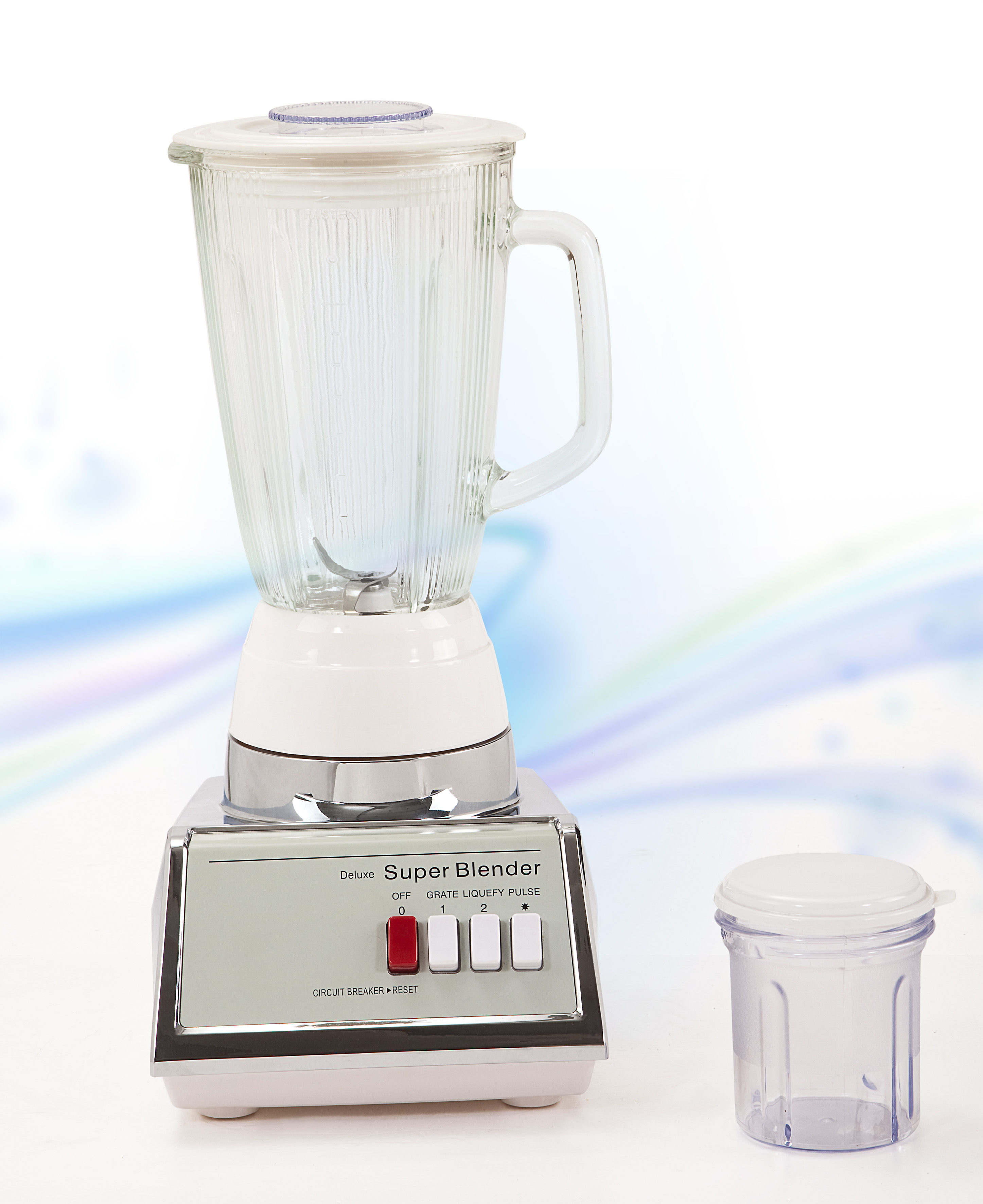 Electric Glass Jar Blender KD316 showing the metallic base, glass jar, and control panel