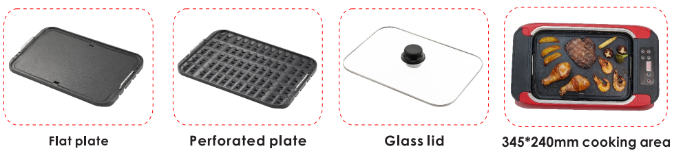 Electric grill accessories including flat plate, perforated plate, and glass lid