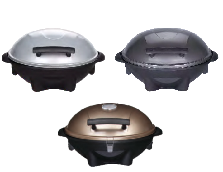 Compact electric grill with domed lid and stand