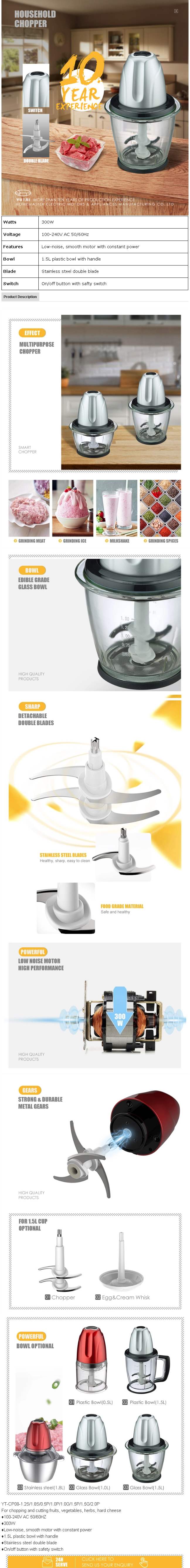 Electric food processor with glass bowl and stainless steel blades