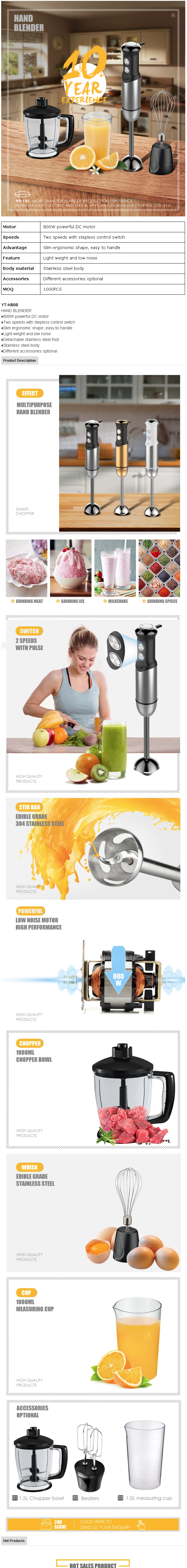 Infographic showing the hand blender features, accessories, and technical specifications.