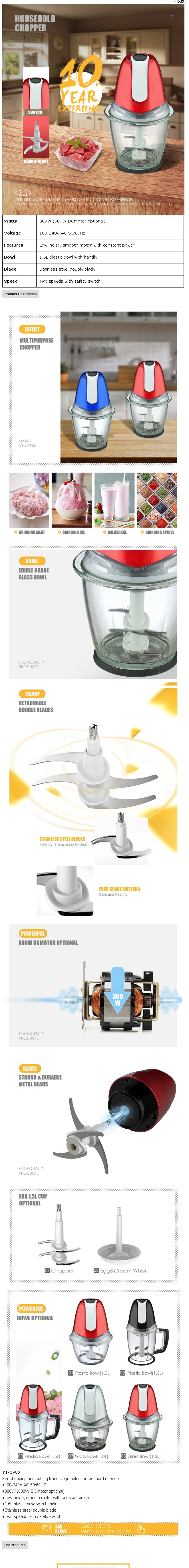 Detailed technical specifications and feature overview of the multipurpose smart chopper
