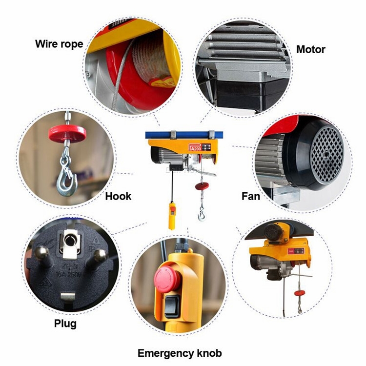Electric mini hoist showing wire rope, motor, and emergency stop knob