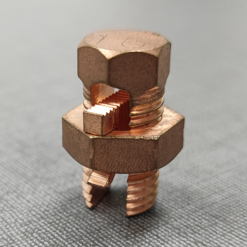 Close-up of a copper split bolt wire clamp showing the threading and construction