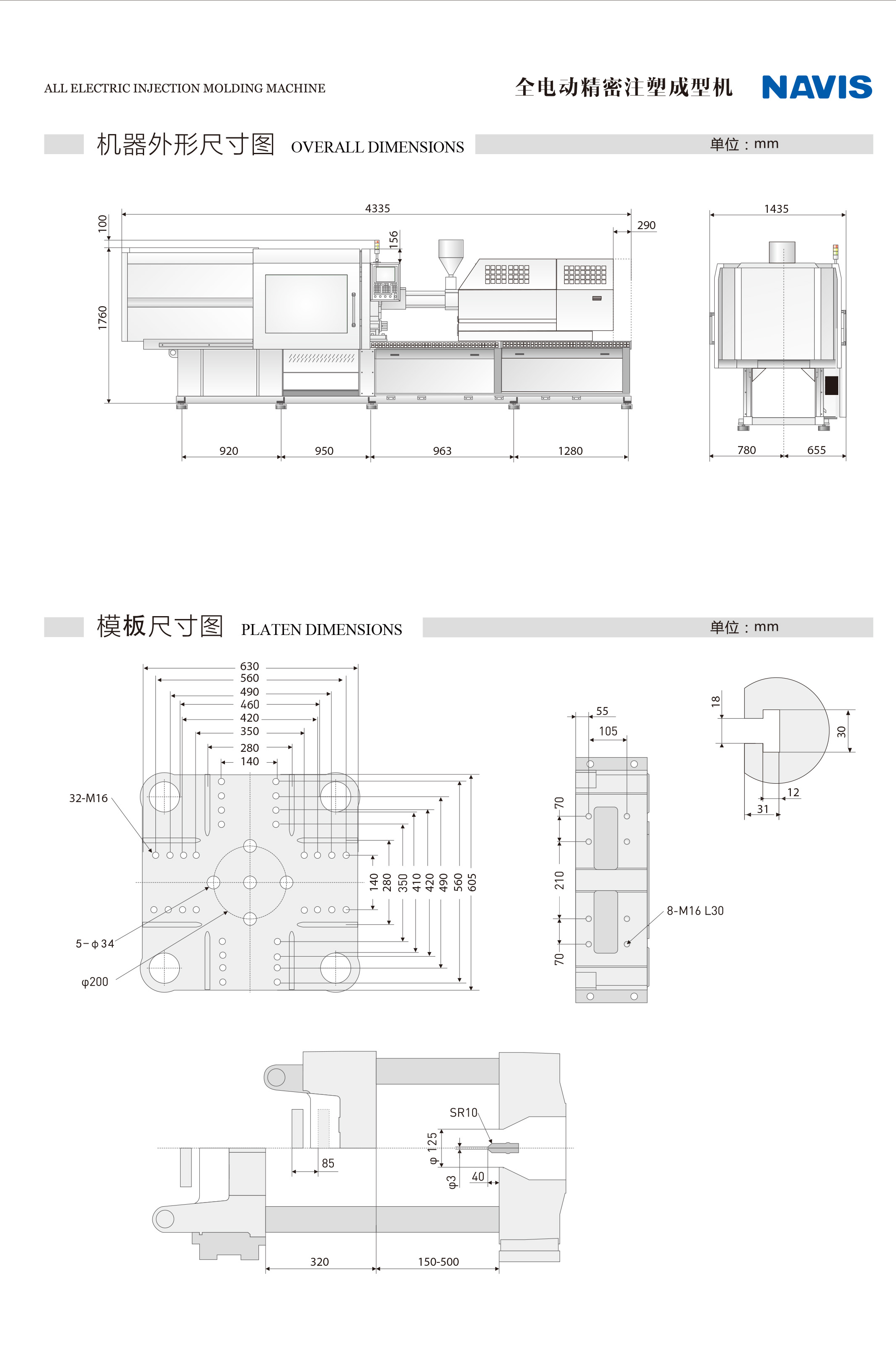 Technical drawing showing the overall dimensions and platen mounting points