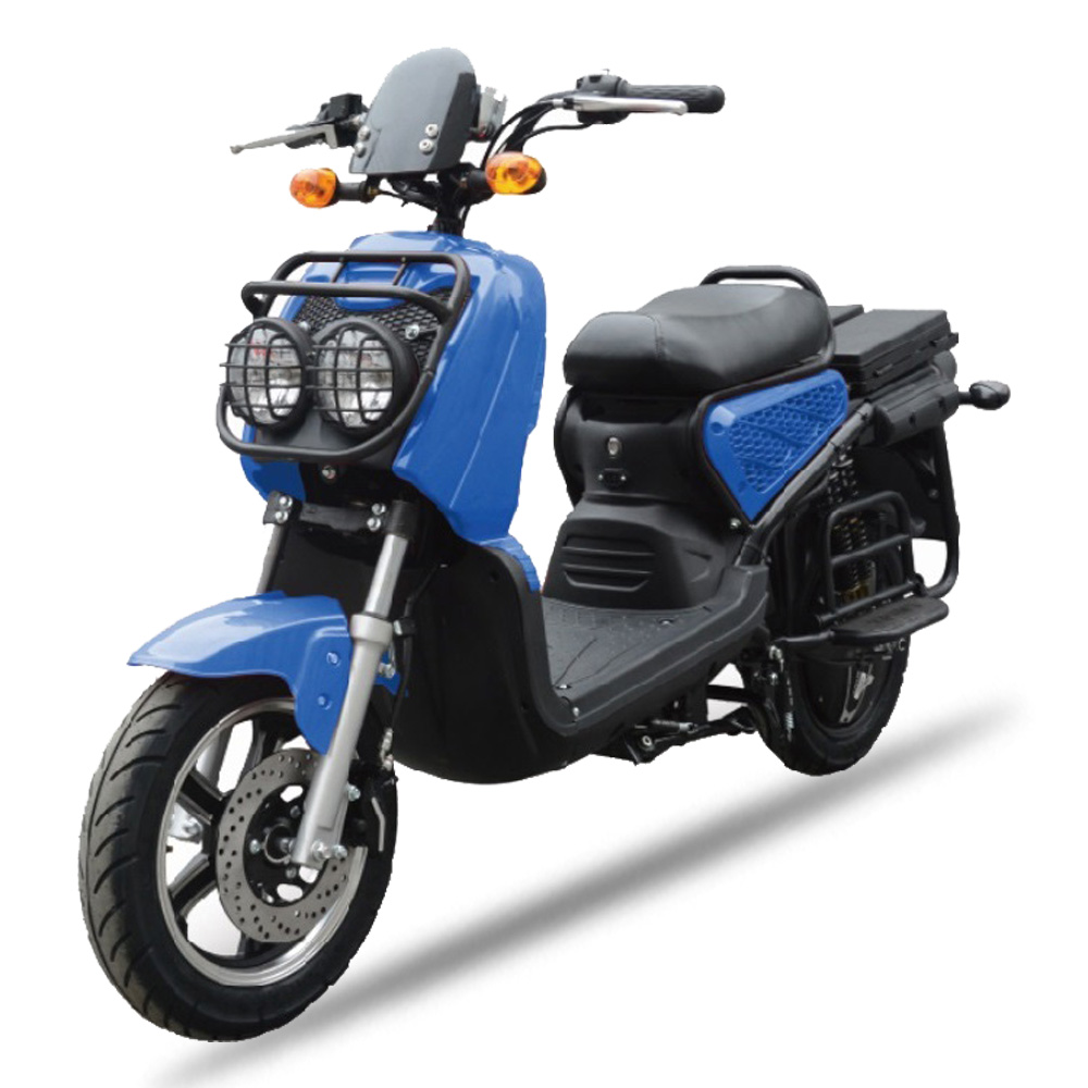 Electric scooter front view showing headlight grill and disc brake