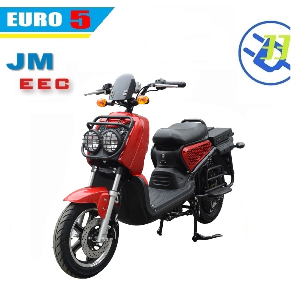Electric scooter parked, showing seating and storage