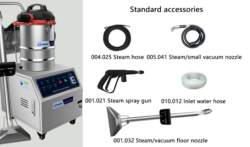 Display of the steam cleaner with included accessories like hoses and nozzles