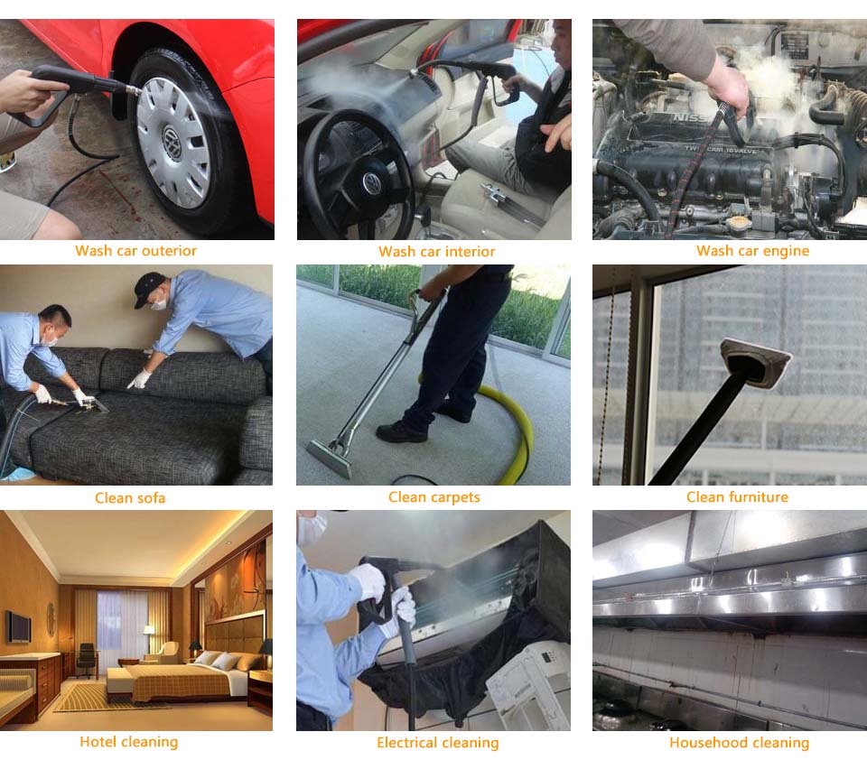 Infographic showing various cleaning applications for the steam cleaner