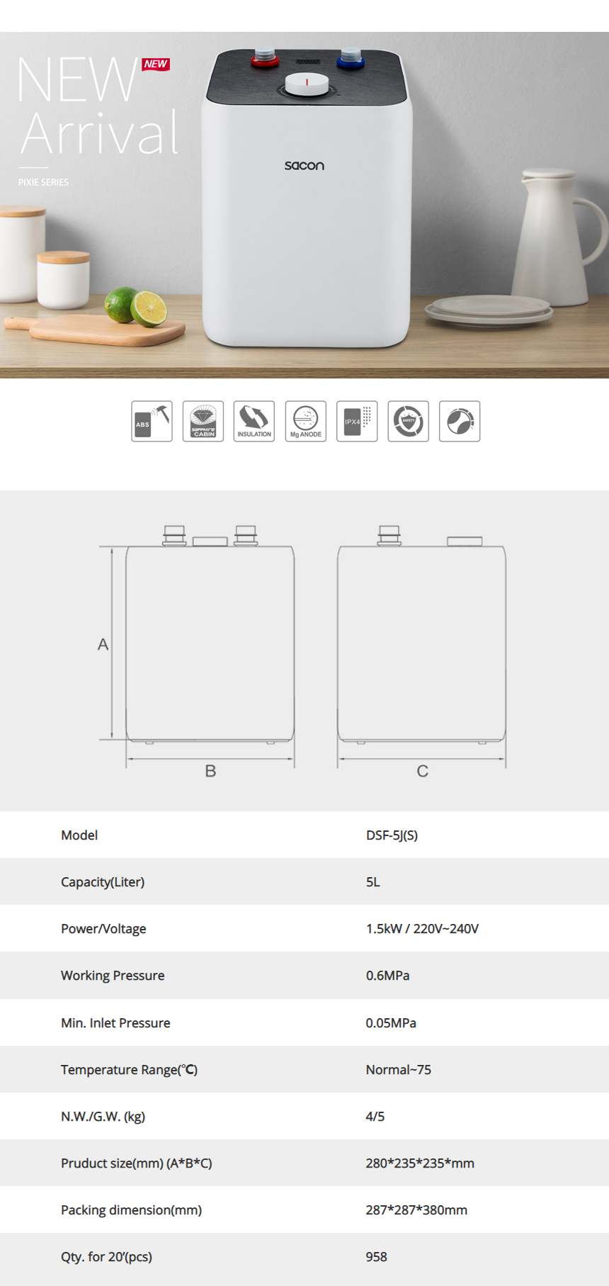 Technical specification diagram for the 5L electric storage water heater