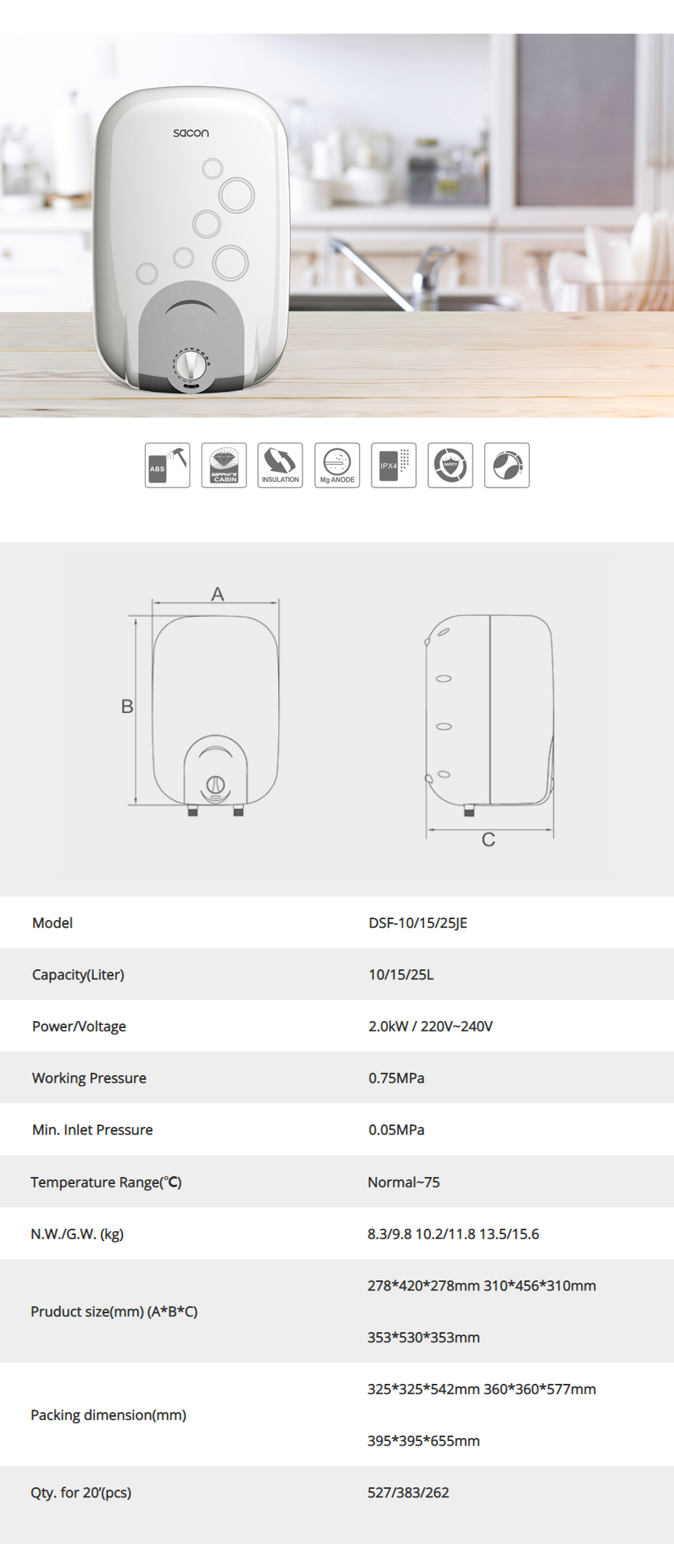 Technical specification chart for the electric storage water heater showing dimensions and weight