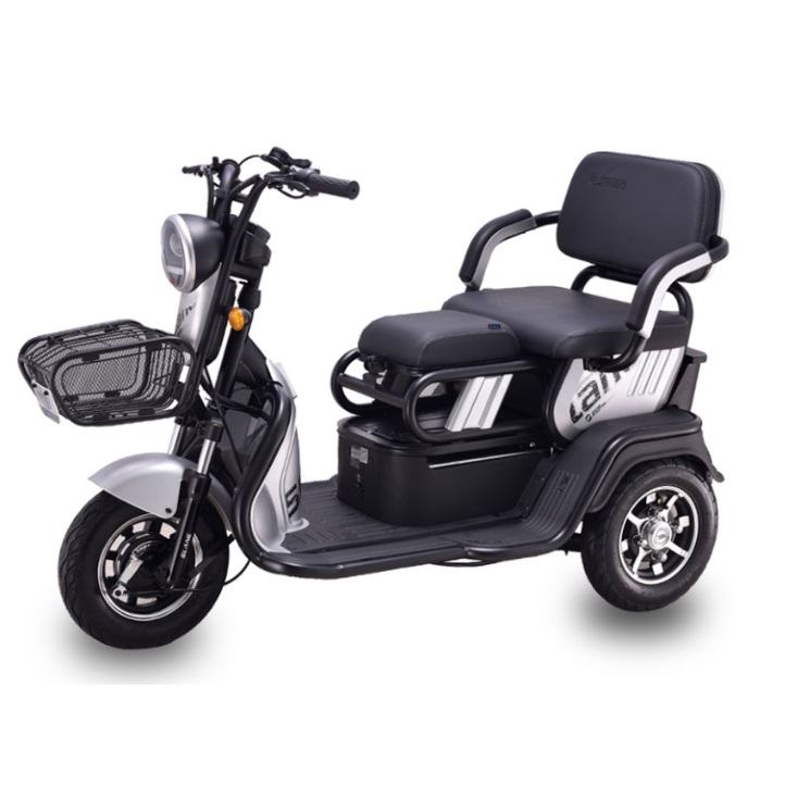 Electric tricycle scooter with front basket and comfortable seating