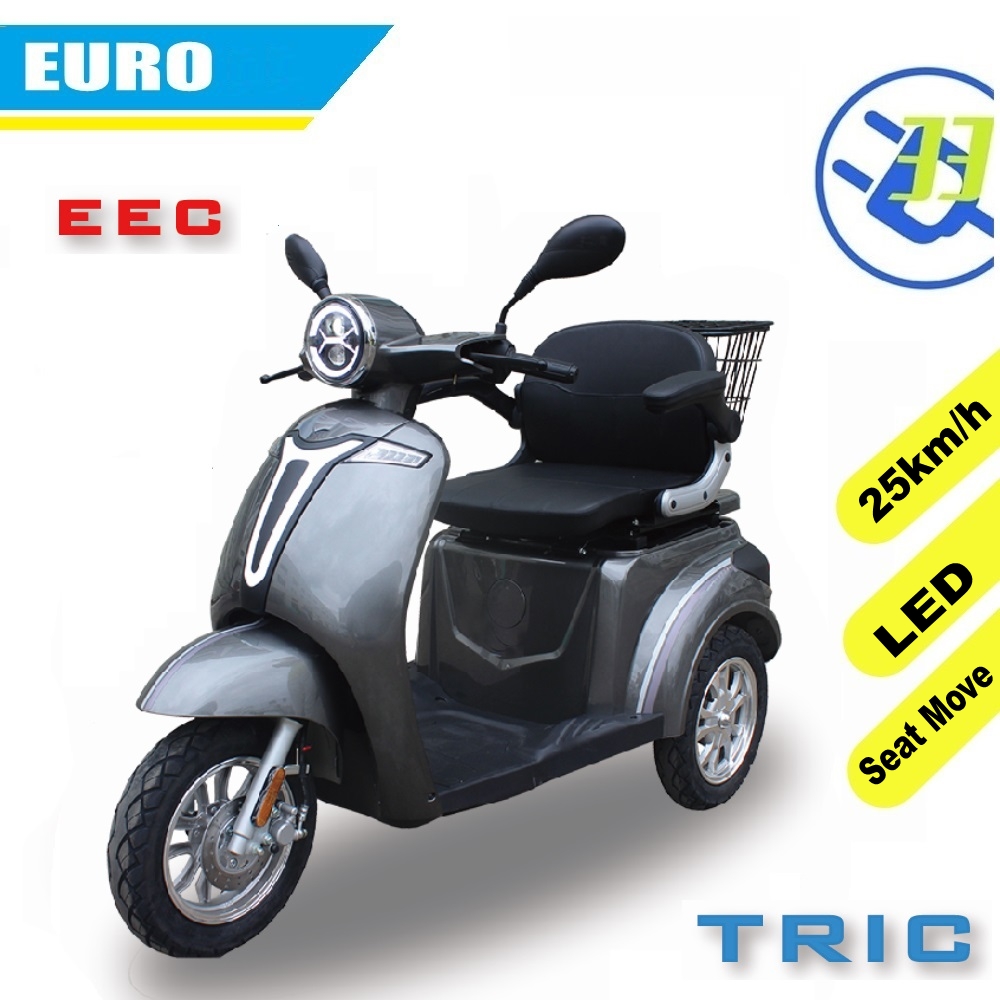 Electric trike side profile showing seating and rear storage