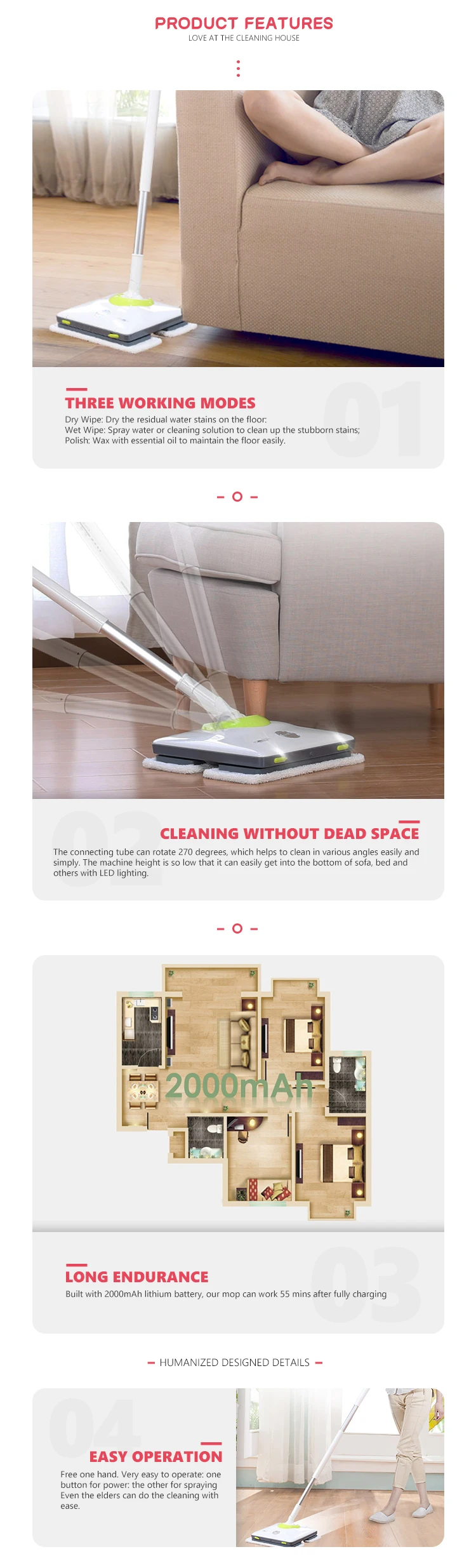 Diagram showing the three working modes and the 270-degree rotation feature of the mop.