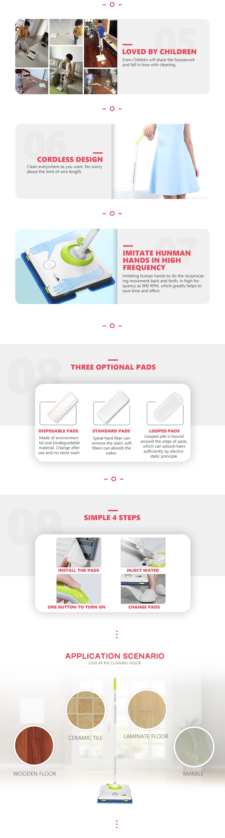 Infographic showing the cordless design, high-frequency vibration, and various pad types available.