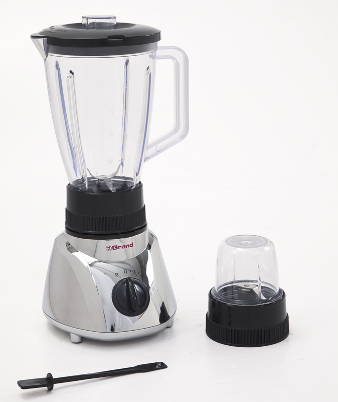 Electric blender with electroplated finish showing jar, base, and grinding attachment.