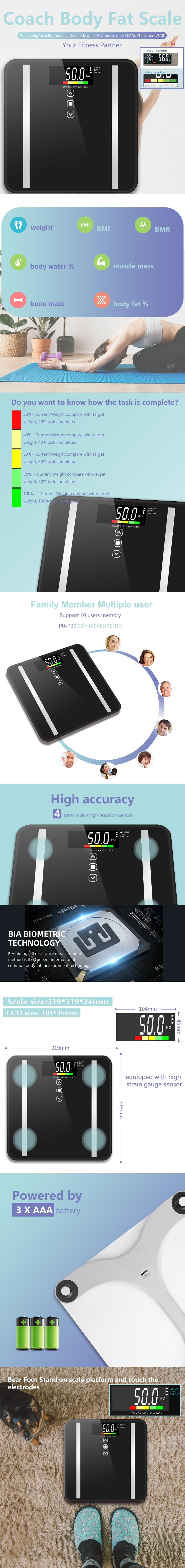 Digital body composition scale features diagram showing progress bar and measurement metrics.