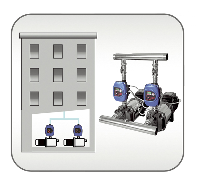 Diagram showing the electronic pump controller integrated into a multi-story building water supply system