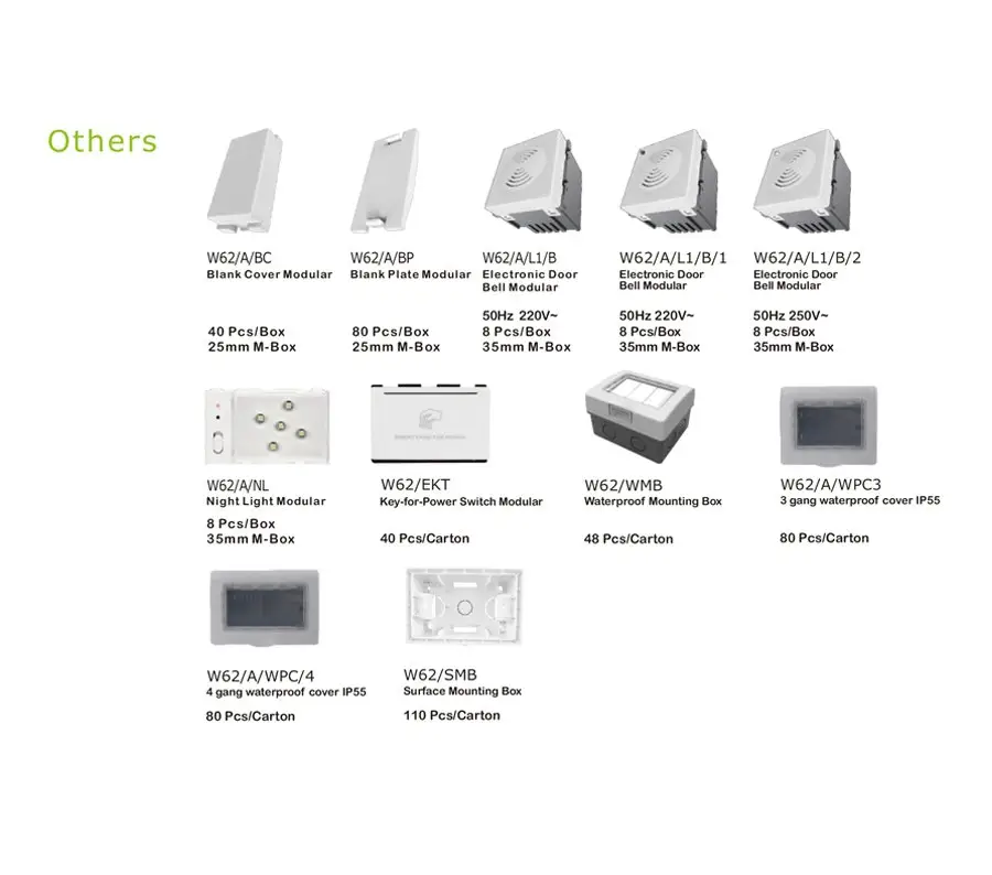 Modular electronic components including doorbell, night light, and waterproof mounting options from the W62 series.