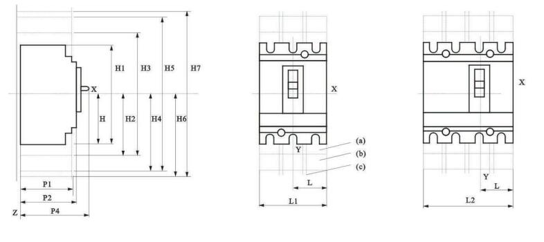 Technical dimension drawing for the circuit breaker