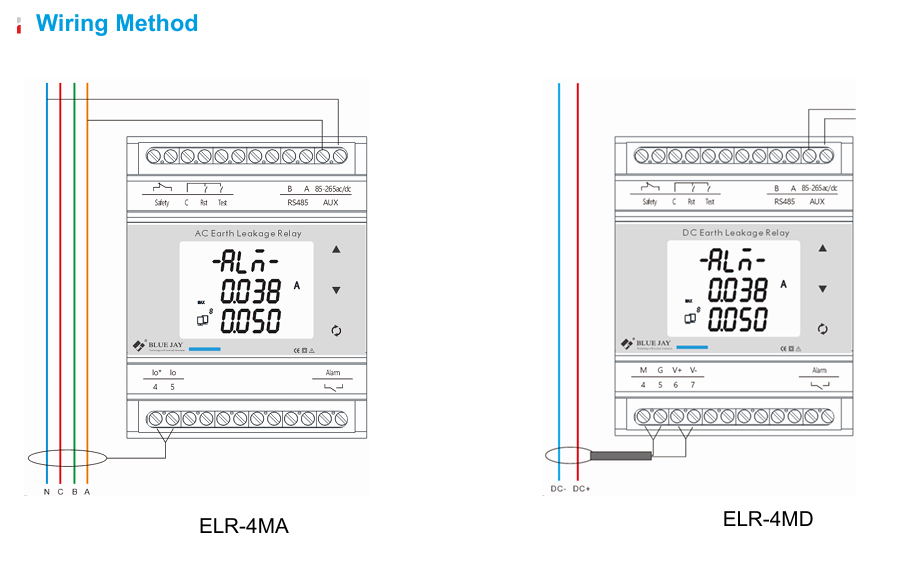 Wiring and interface diagram for earth leakage relay