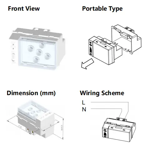 Technical diagram showing front view, dimensions, and wiring scheme for the modular light