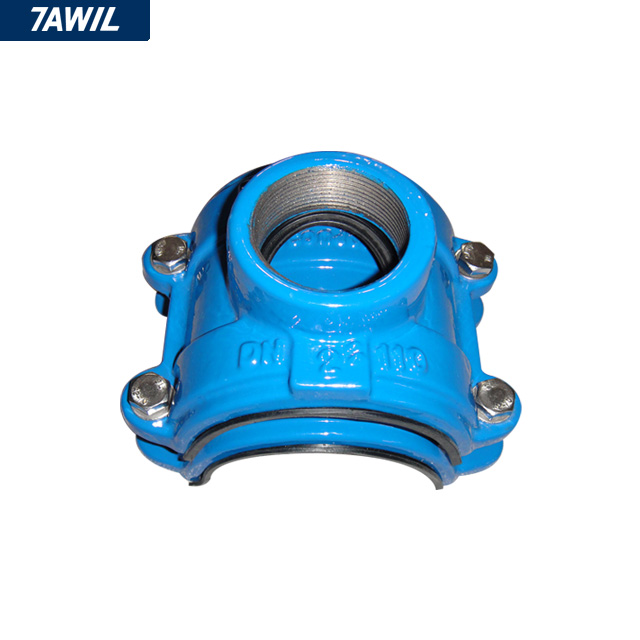 Ductile iron tapping saddle showing robust bolt connections