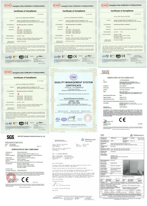 Collection of compliance and quality certificates for the solar air conditioner