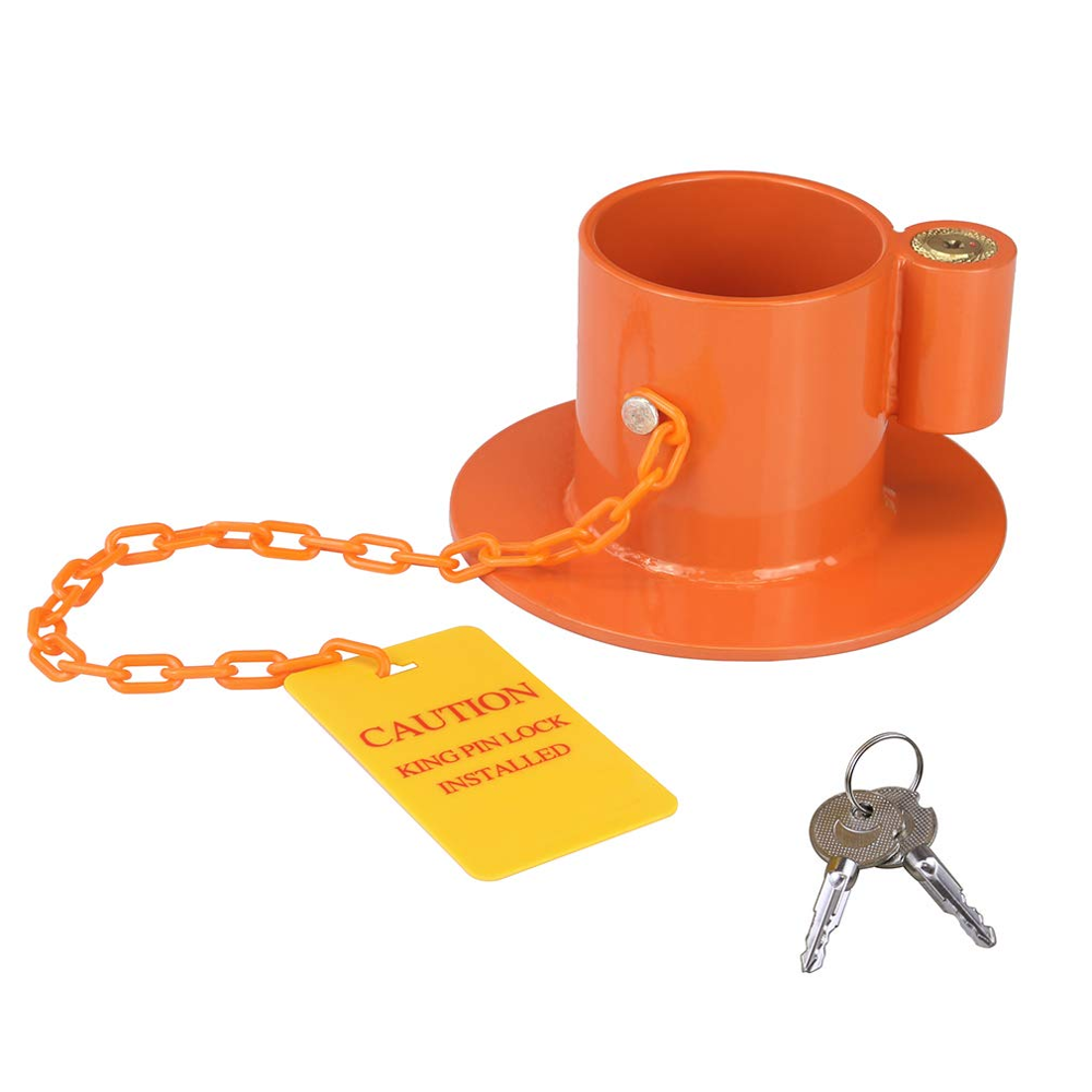 ENJOIN Heavy Duty Steel Kingpin Lock 5Th Wheel Trailer Lock King Pin Orange Lock with Bright Yellow Caution Tag - Image 2