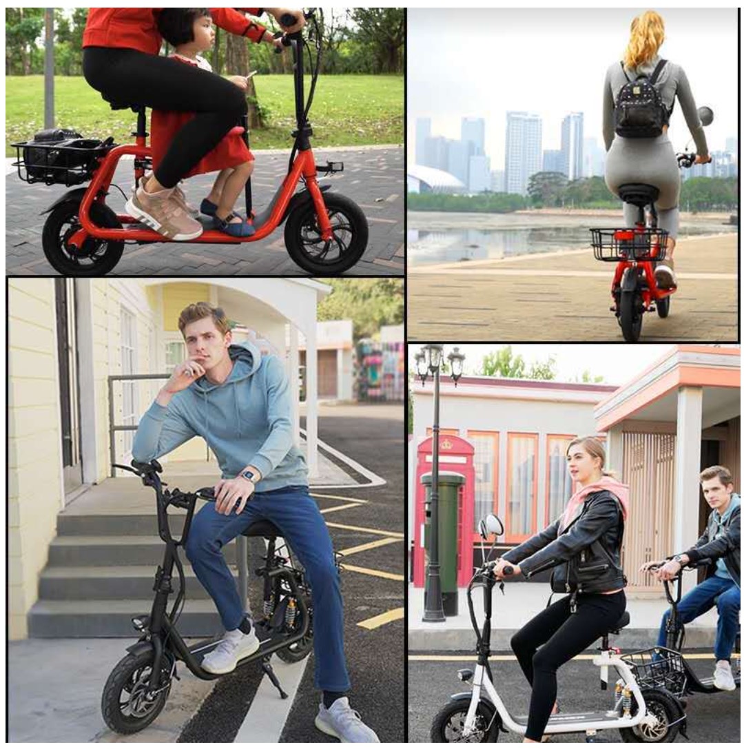 Electric scooter with rider seat and cargo basket
