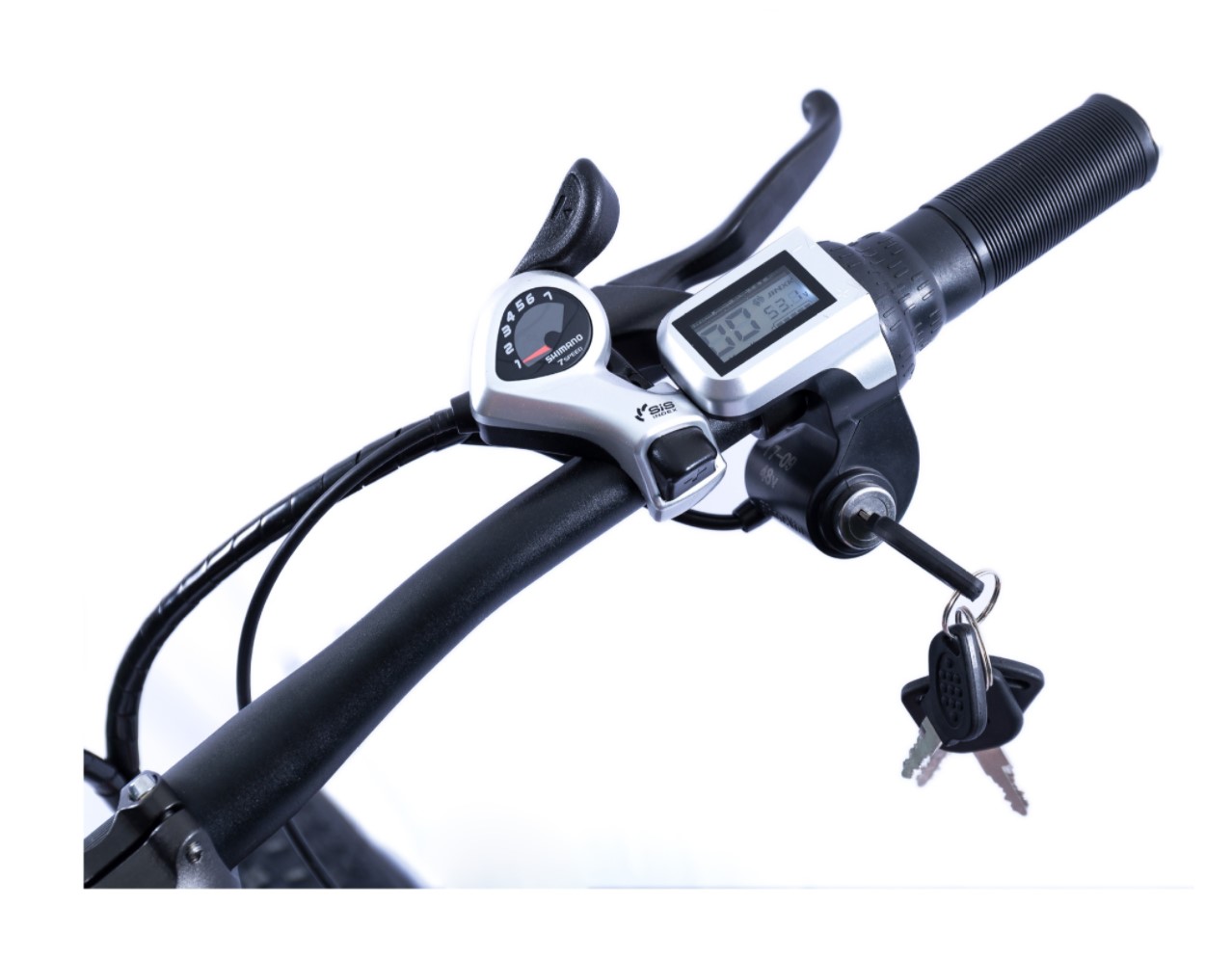 Close up of the handlebar assembly with LED display and gear shifters.