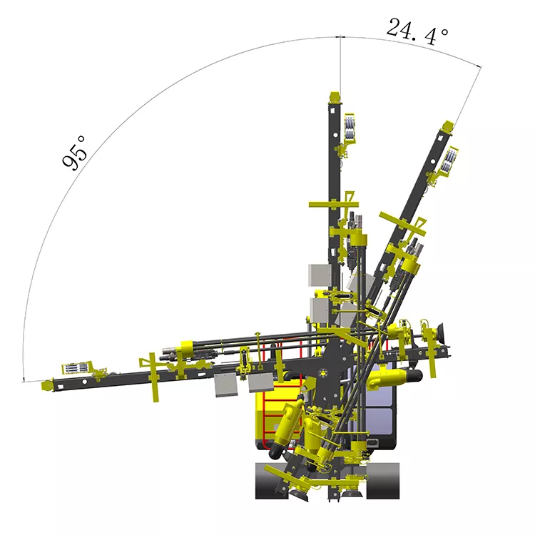 Rock drill boom assembly at operating angles