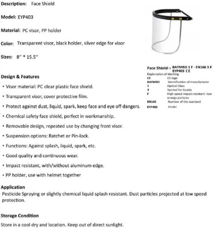 Detailed view of the EYP403 face shield showing the visor and headband components.