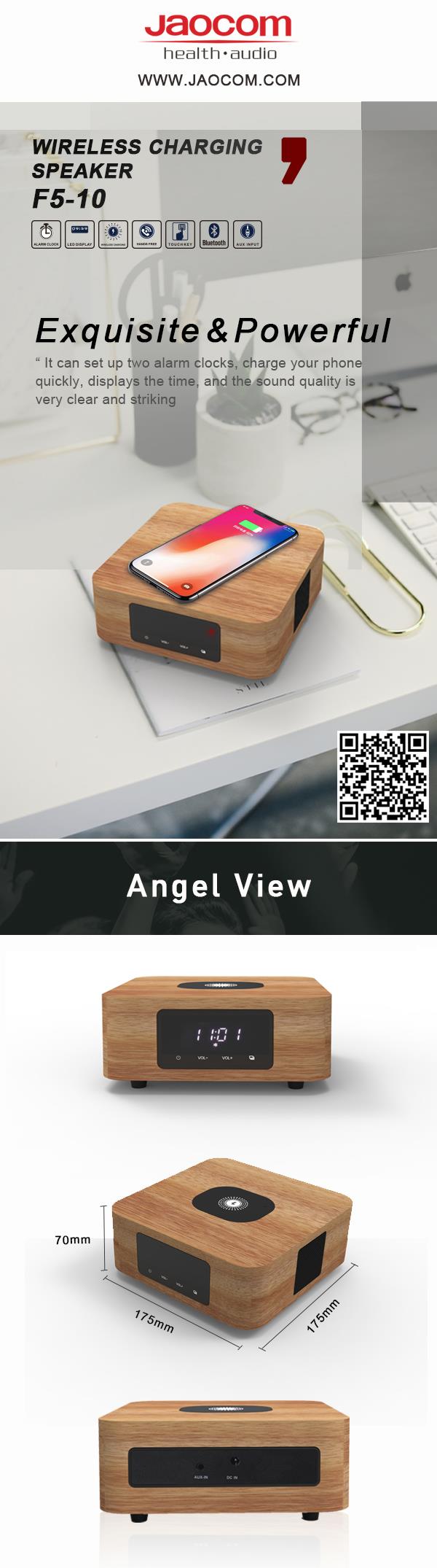 Product overview showing the wireless charging speaker with dimensions and feature callouts