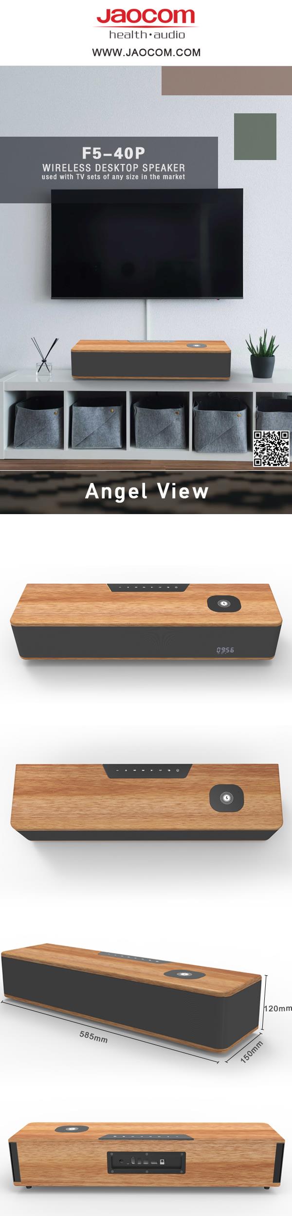 Desktop speaker showing dimensions and connectivity features