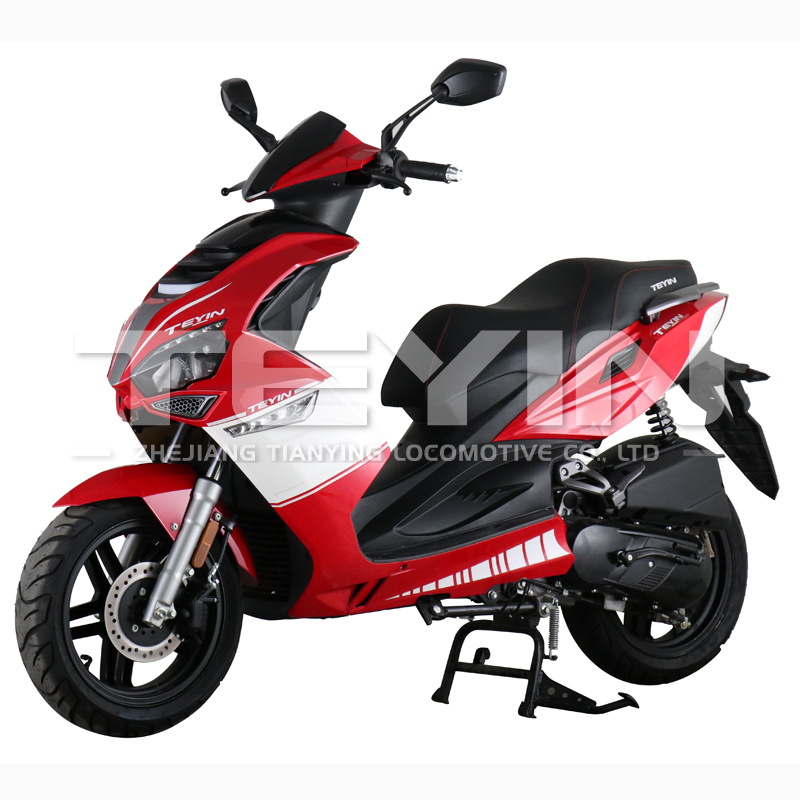 Front view of the sporty scooter showing headlight and aerodynamic design
