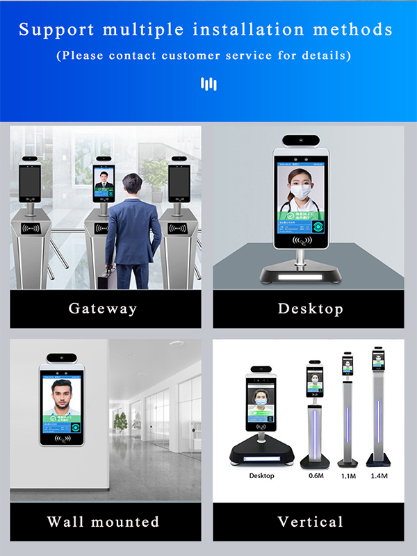 Various installation methods for the terminal including desktop and stand options