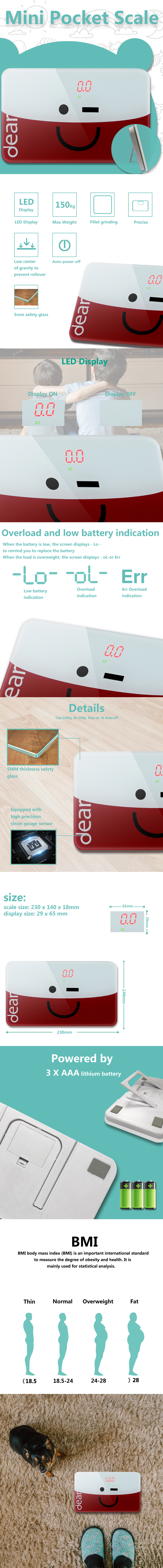 Digital personal scale showing dimensions, display size, and sensor technology details.