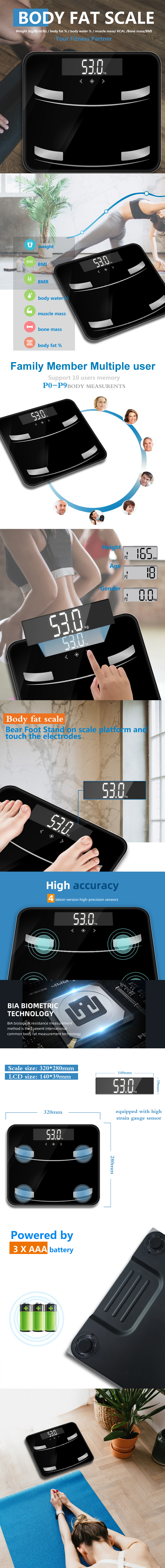 Infographic showing body fat scale measurement capabilities and technical specifications
