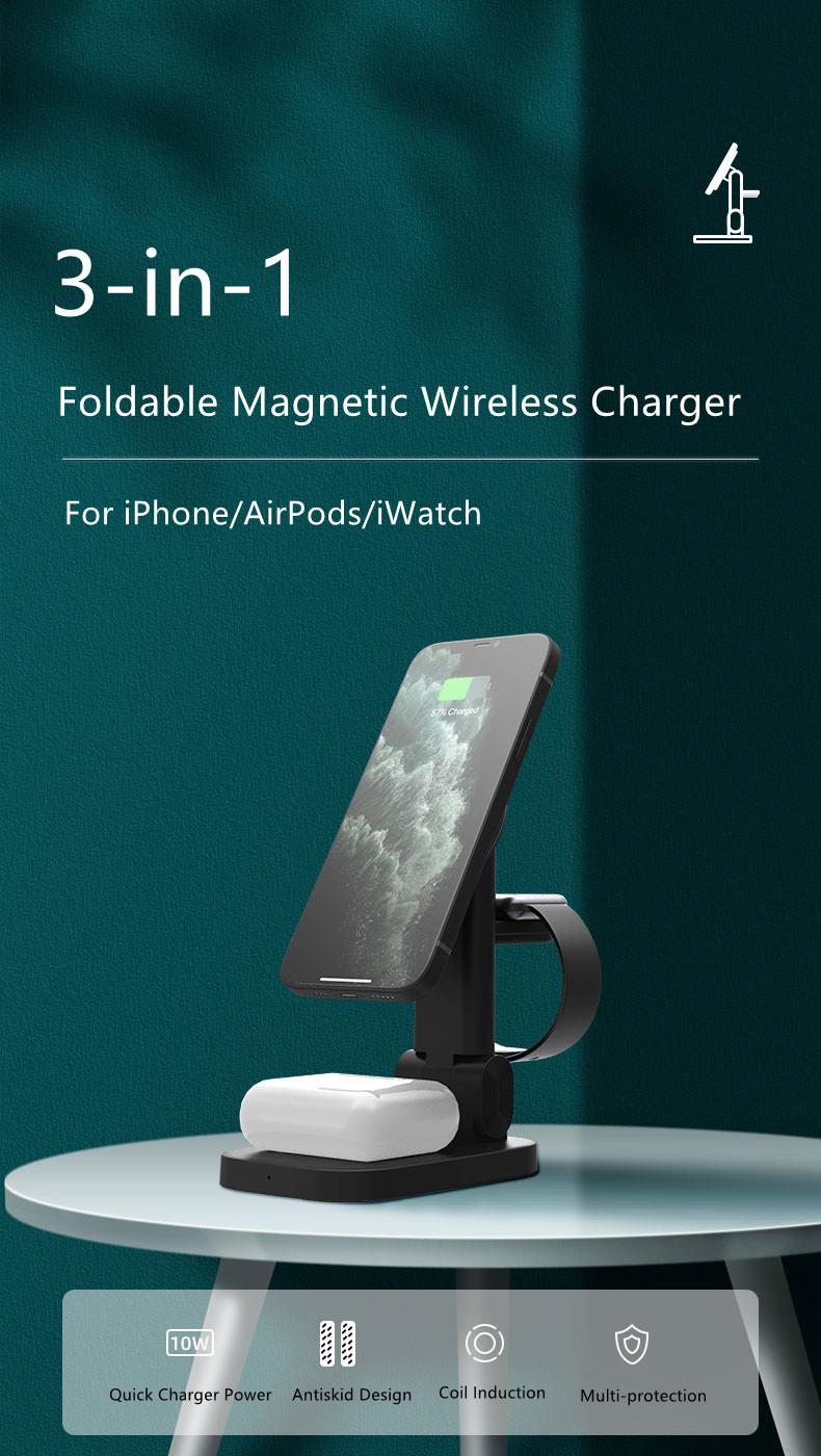 3-in-1 magnetic wireless charger showcasing simultaneous device charging