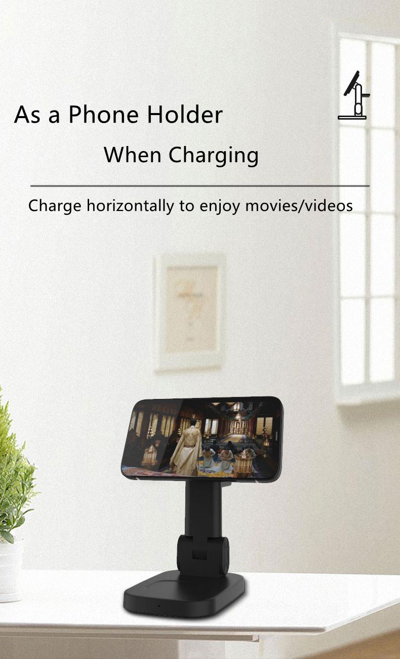 Phone placed horizontally on the stand for movie viewing